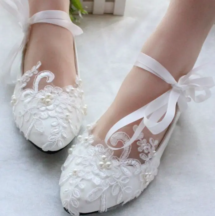 100% Delicate Handmade Womens Wedding Bridal Shoes Ribbons White Light ...