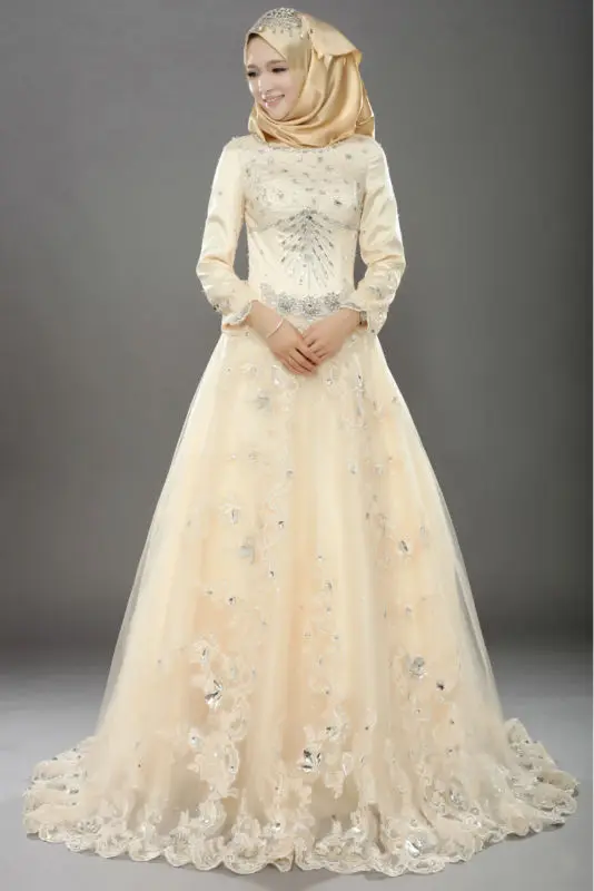 

long sleeve wedding gown lace applique diamond body zipper silk 2019 Arab muslim wedding dress vestido de noivas robe mariee