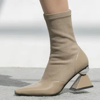 

Fashion Sexy Heel Women's Luxury Genuine Leather Mid Calf Boots Sock Boots Comfort Stretch Short Boots Nude Shoes