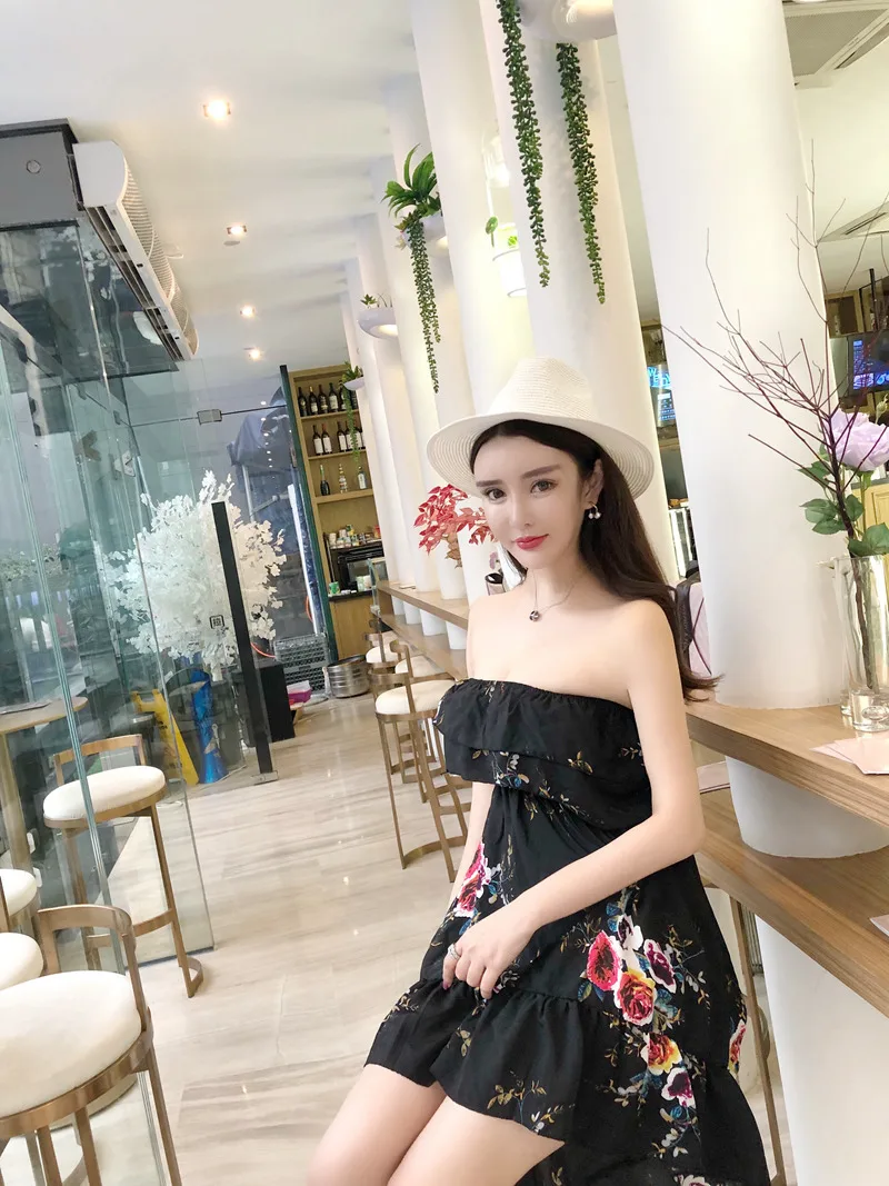 2018 New Summer Women's  Sexy  Printing  Ruffles Tops  Irregular Paty Dress Free Shipping