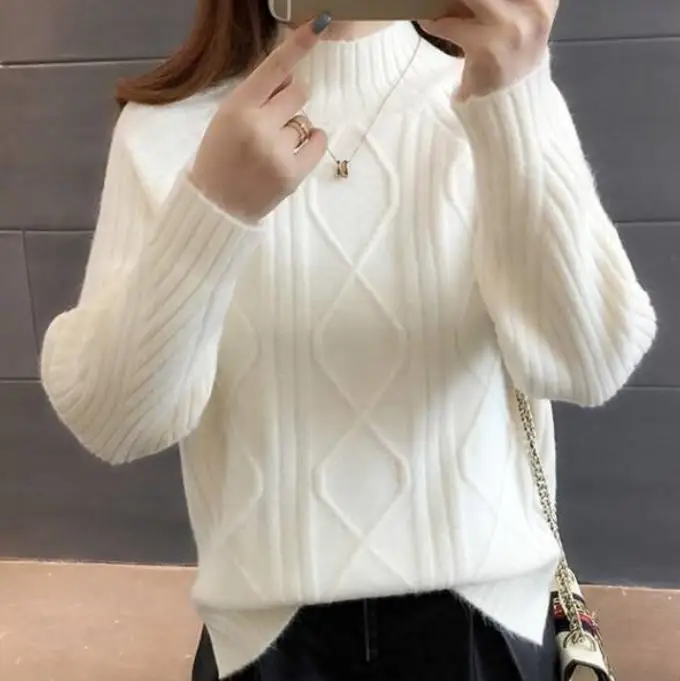 

Half Turtleneck Pullover Cashmere Sweater Women 2019 Autumn Winter Basic Warm Jumper Pull Femme Hiver Embossing Knitted Sweater