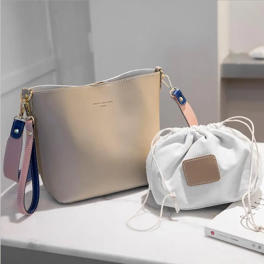 

New Lady's PU Leather Panelled Bucket Composite Bags Female Slung Portable Handbag High Quality Casual Tote Bags Bolsos Mujer