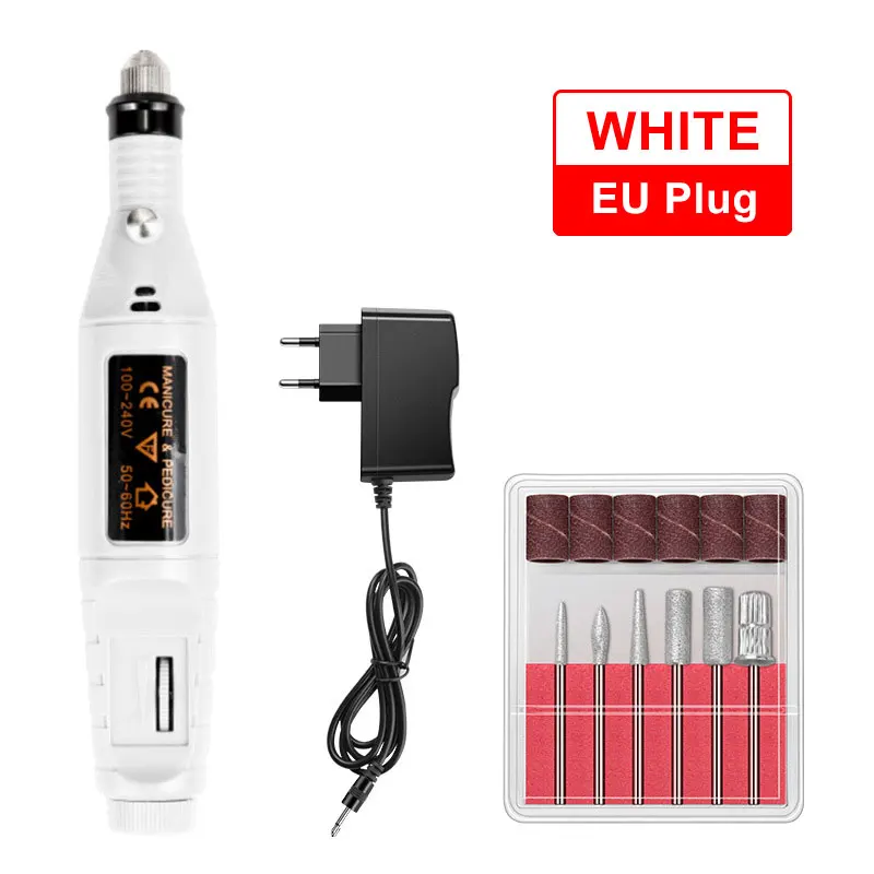 Профессиональный электрический набор для ногтей, машинка для полировки ногтей, электрическая ручка для нейл-арта, Педикюр с 6 битами, инструменты для ногтей, Прямая поставка - Цвет: white EU