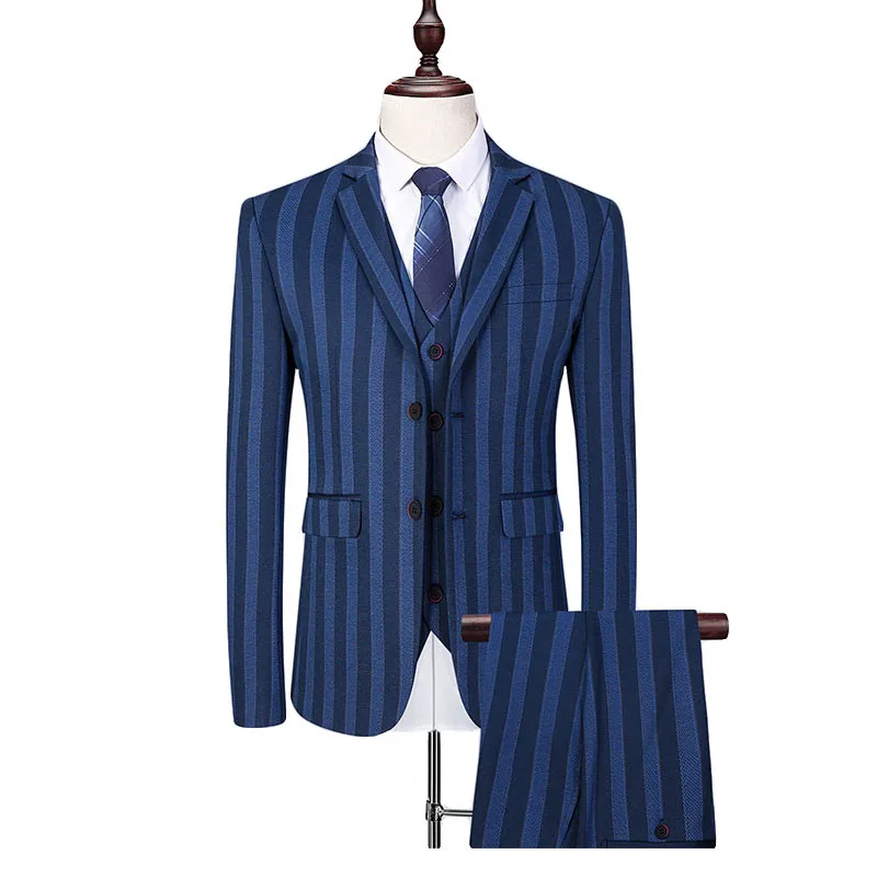

(Jackets+ Vest+Pants)Brand Men's Fashion Blue slim Fit Stripe Blazers groom Groomsmen Wedding Suit Mens Suits leisure Coat S-6XL