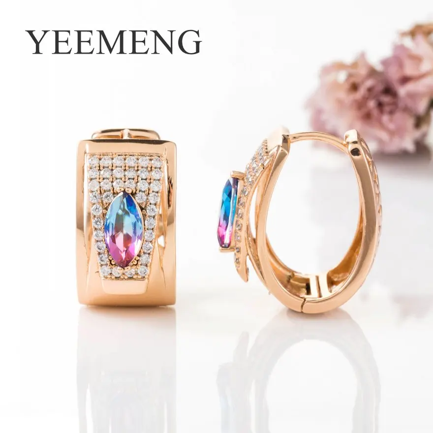 

Luxury 585 Rose Gold Hoop Earring Fashion Muticolor Shining Rhinestone Zircon Big Earrings For Women Jewelry Wedding Accessories