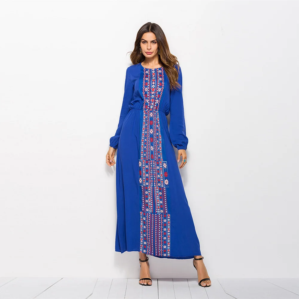 

Long sleeve vintage floral printed women maxi dress elegant Bohemia party Long Dress robe femme gray black