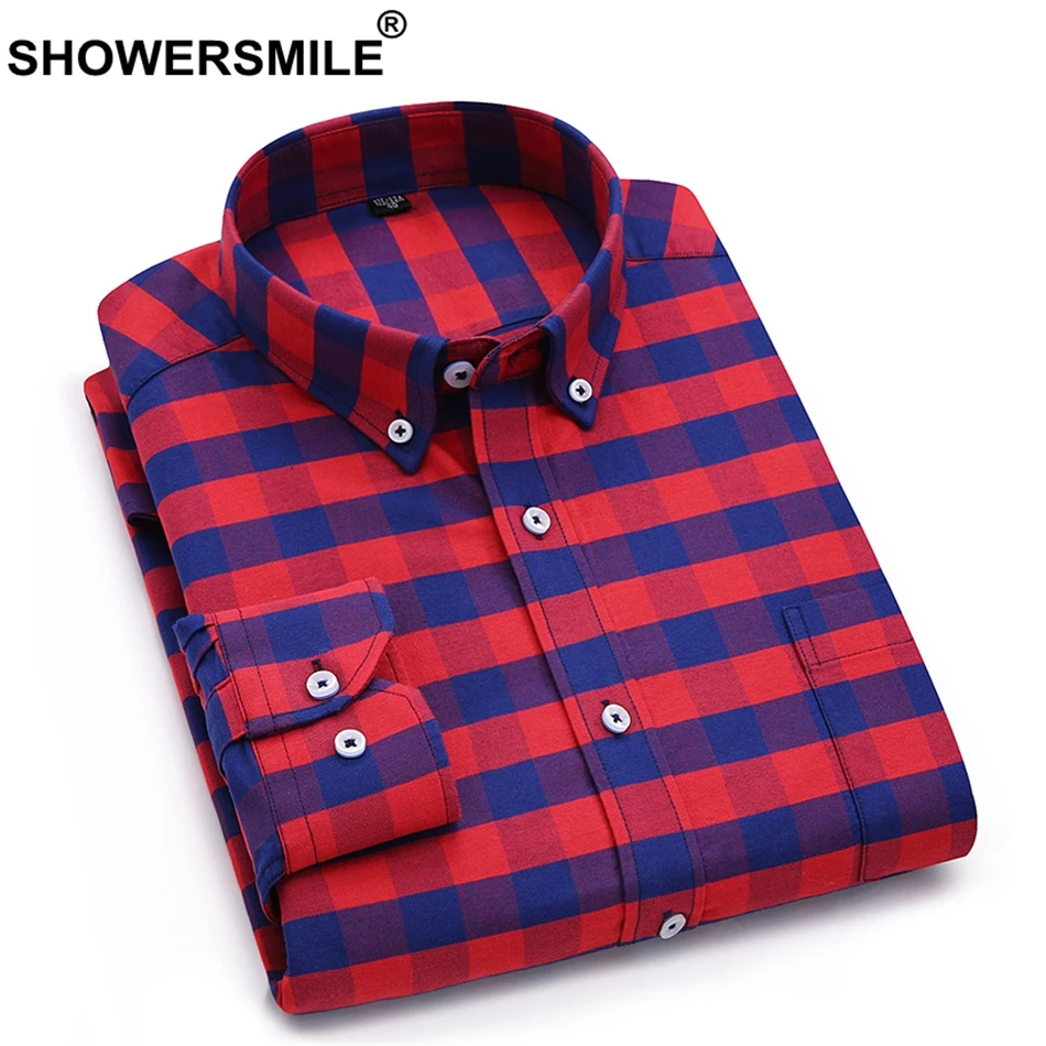 

SHOWERSMILE Plaid Casual Shirts Men Oxford England Shirt Cotton Autumn Plus Size 4xl Blue And Red Checkered Shirt Male Clothing