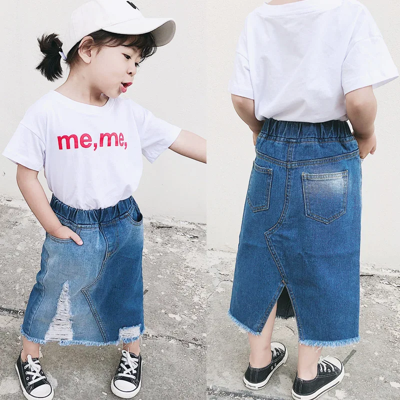 

ANKRT 19 Summer New Girls Mid-long White-brushed Hole Jeans Skirt Children's Irregular Open Half-length Skirt.12M-6T