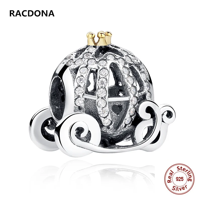 

Retro 100% 925 Sterling Silver Openwork Cinderella's Pumpkin Charm Fit pandora Bracelet Bead Gold Color Crown DIY Jewelry Making