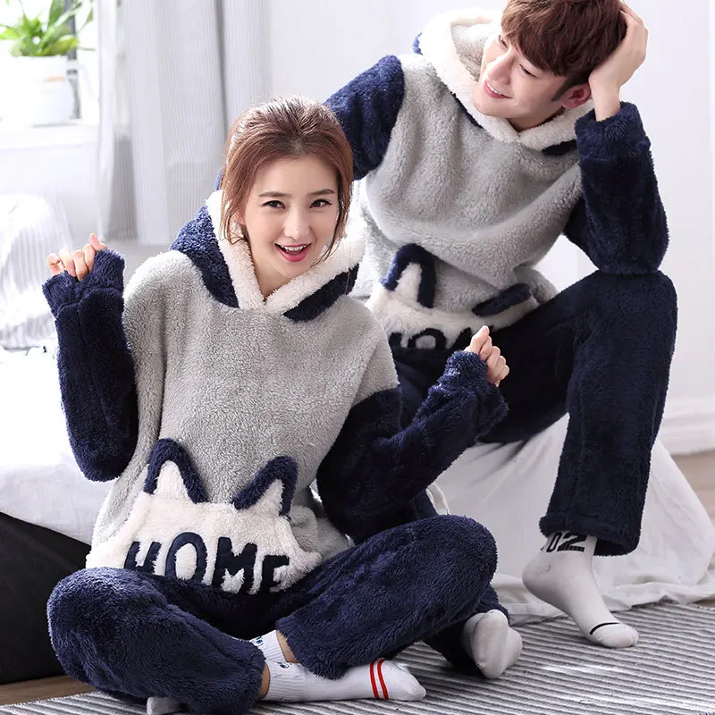 

Men coral fleece hooded pajamas set unisex lovers home clothes winter thick women sleepwear suits blue letters winter pajamas