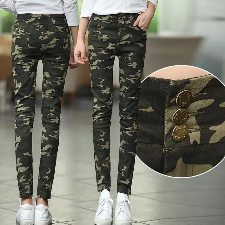 

Women Cotton Fashion green camouflage pants female casual pants elastic large size trousers
