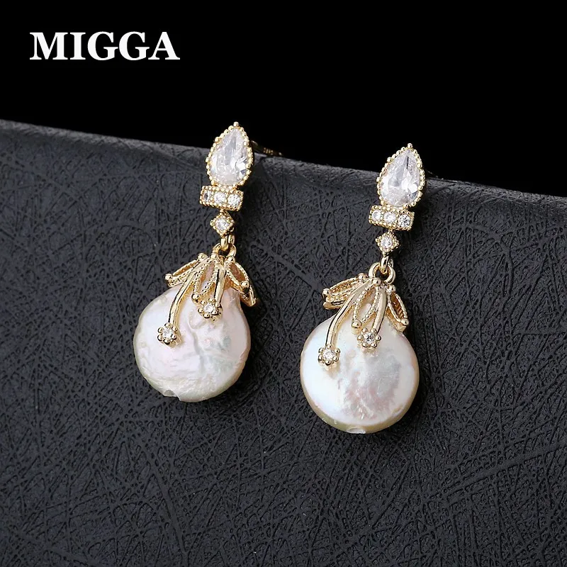 

MIGGA Luxury Cubic Zirconia Paved Freshwater Pearl Dangle Earrings Baroque Style Gold Color Women Jewelry