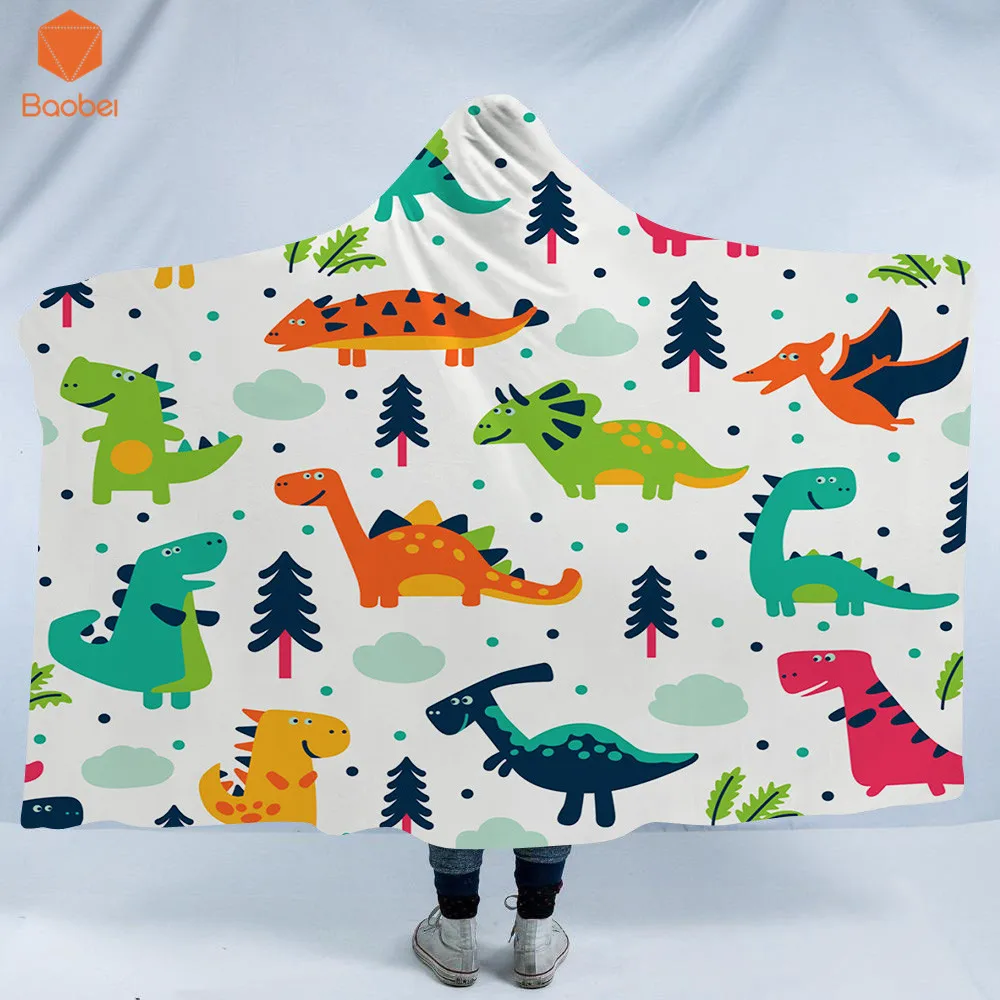 

3D Printed dinosaur Cute animal Hooded Blanket for Adults Foral Gothic Sherpa Fleece Wearable Throw Art Blanket Bedding