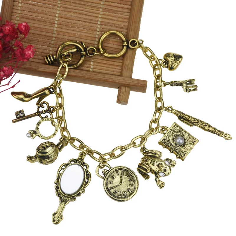 

Retro Alloy High Heels Kettle Mirror Clock Toad Key Book Pen Heart Bracelet For Women Charm Bracelets Female Jewelry