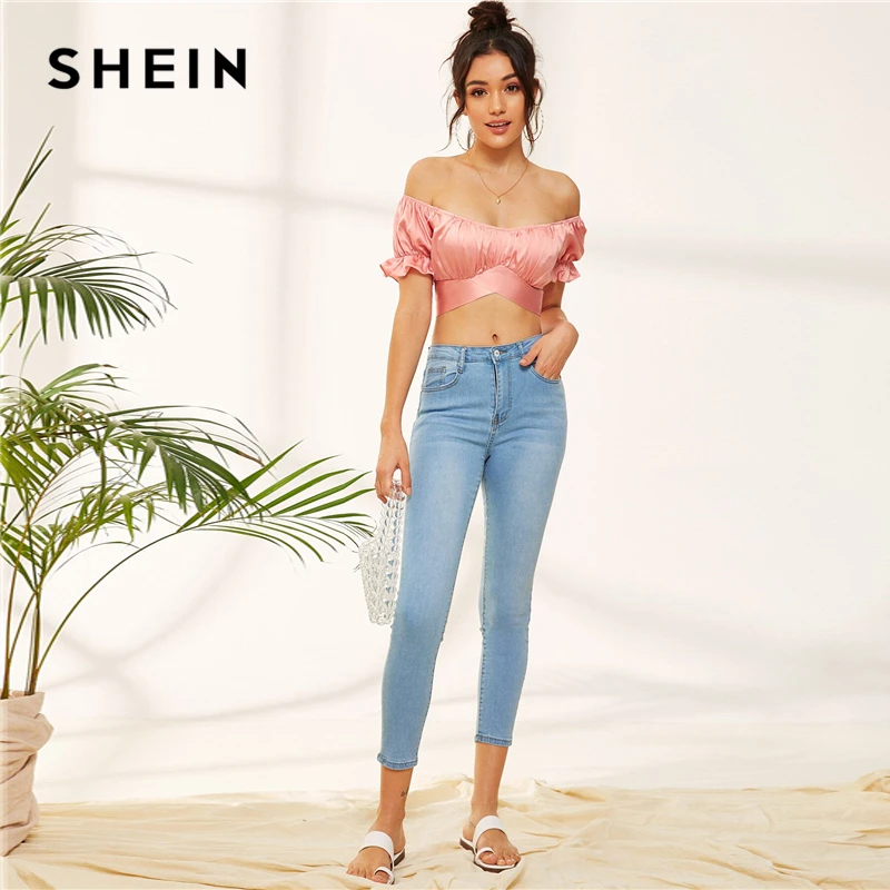 SHEIN атласная блузка с рюшами и манжетами, укороченный топ, сексуальный розовый однотонный топ с завязками сзади, женские летние блузки с открытыми плечами и короткими пышными рукавами