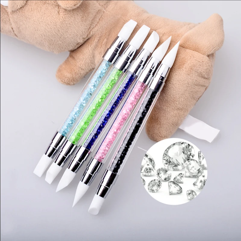 5pcs 2 Ways Dual Silicone Heads Rhinestone Nail Art Brush Carving Emboss Shaping Hollow Sculpture Dotting Pen Manicure Tool