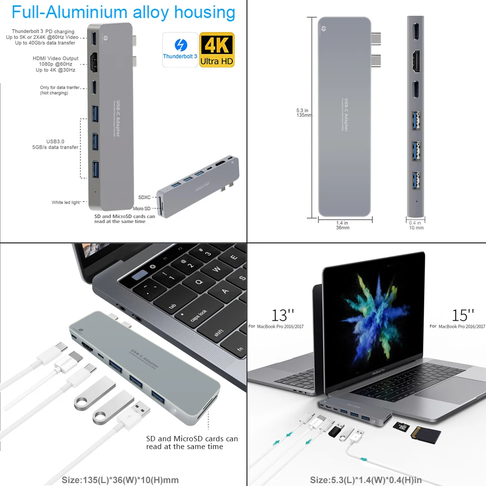 USB C Hub,Thunderbolt 3 Hub ALLFU 8-in-1 Type C Pro Hub Adapter for 2016/2017 MacBook Pro 13"and 15"