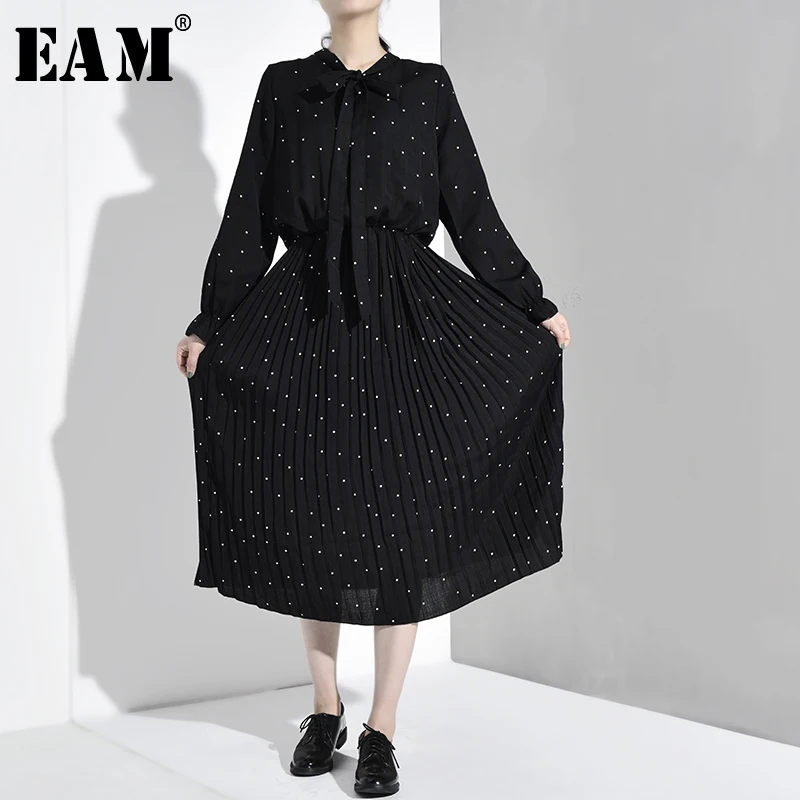 

[EAM] 2019 New Spring Autumn Stand Collar Long Sleeve Black Dot Printed Hem Pleated Loose Temperament Dress Women Fashion JA236
