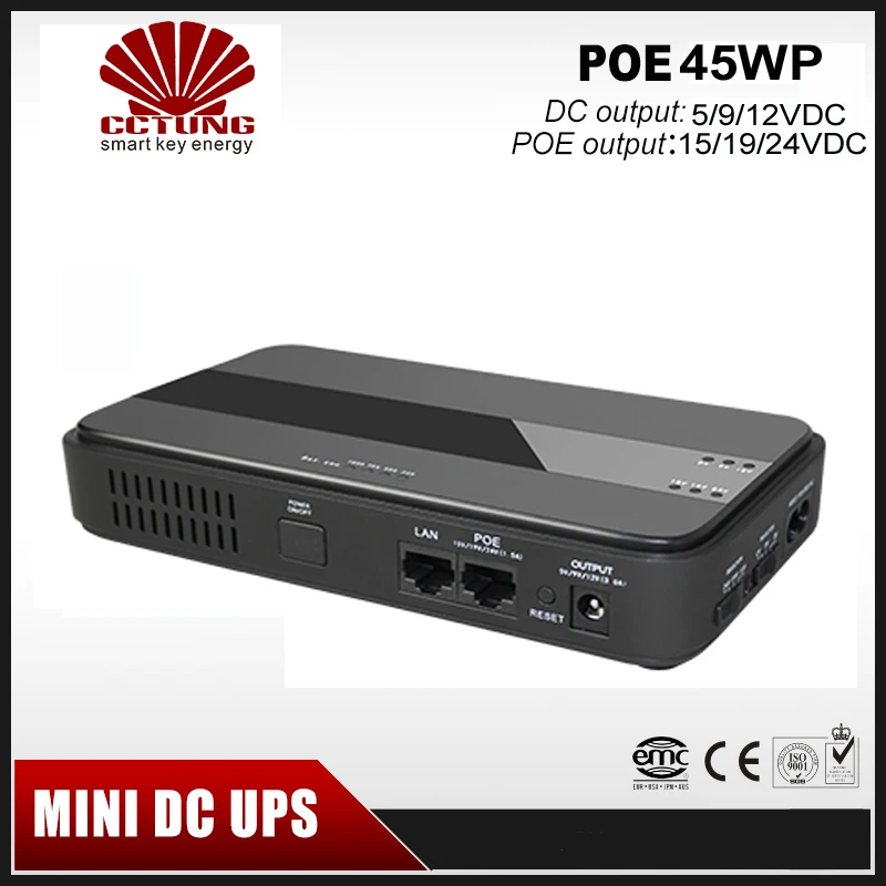  45W Mini Portable UPS with 15 19 24VDC POE and 5 9 12VDC Output Interface with Wide 85~265VAC Volta