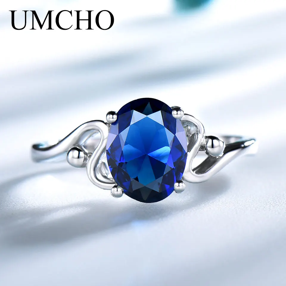 UMCHO Solid 925 Sterling Silver Jewelry Created Blue Sapphire Wedding Rings Best Anniversary Gift For Women Fine Jewelry