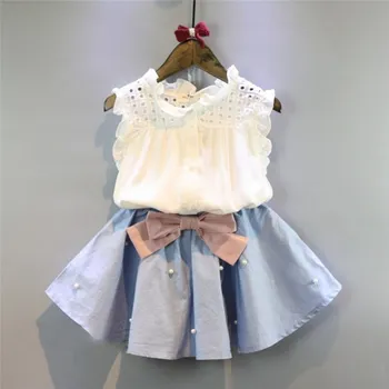 

kid Sweet Clothing Set Cotton 2Pcs Baby Toddler Girls Kid Bow-knot pearl Skirt+White Hollow Out Blouse Clothes Outfits 2-7 Years