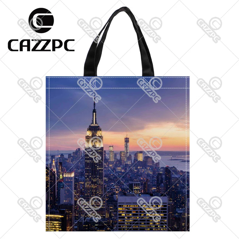 

New York City with skyscrapers at sunset Print Custom Oxford Nylon Fabric Shopping Storage Grocery bag Pack of 2