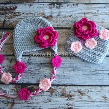 Крючком шляпу и подгузник комплект шапка с ушами цветы-светло-серый/ярко-розовый/ светло-розовый для фотосессий