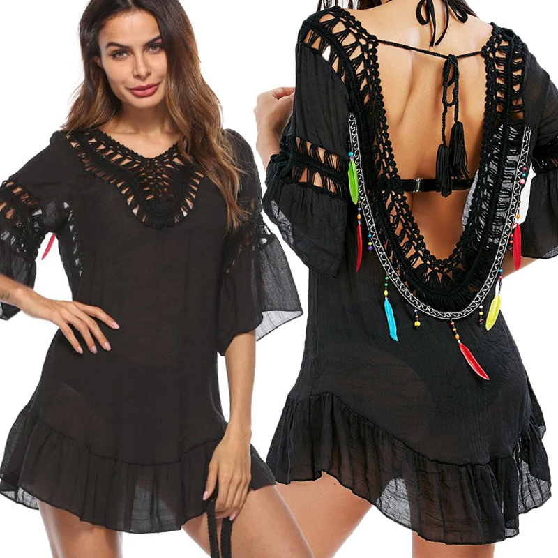 

Women Sexy Tunic Dress Backless Cover Up Swimwear Solid Robe de Plage Beach Cardigan Pareo Beach Dress