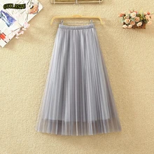 Тонкая сетчатая плиссированная юбка миди с запахом женская черная абрикосовая серая Тюлевая юбка длиной до колена Женская весенне-летняя Осенняя зимняя повседневная