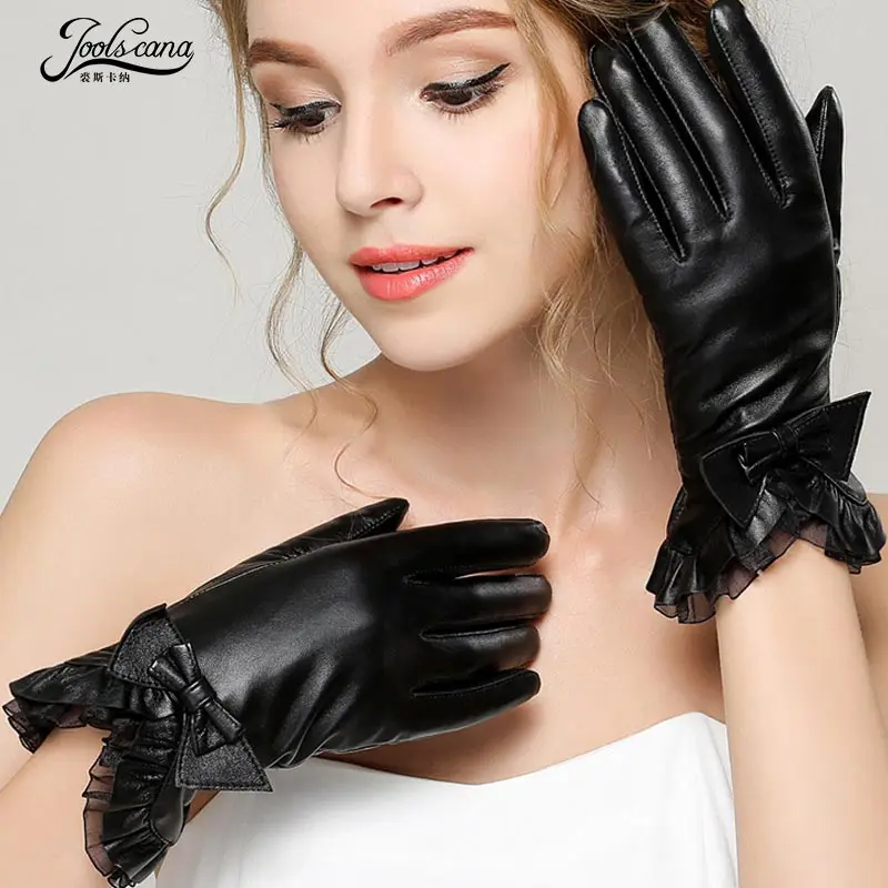 

Joolscana leather gloves women winter touch screen black genuine leather ladies gloves fashion bow tie new brand present for wom