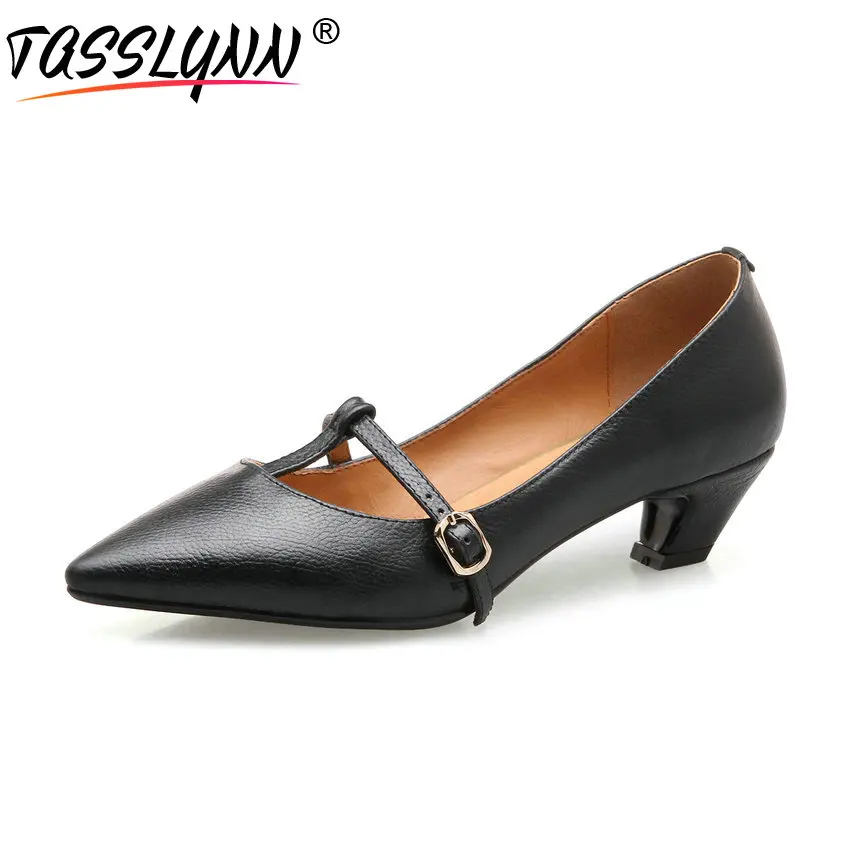 

TASSLYNN 2018 Women Pumps Buckle Cow Leather PU Hoof Med Heels Shoes Pointed Toe Spring Autumn Women Pumps Shoes Size 34-39