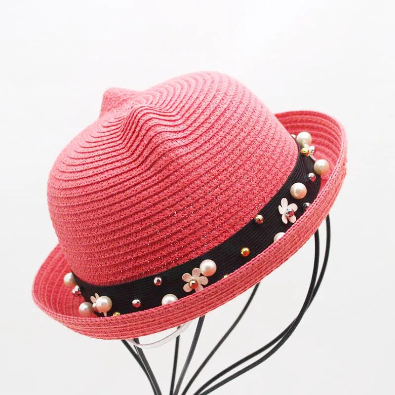 

2018 Brand Baby Sun Hat Cap Summer Children Cat Ears Decoration Beach Hat Girls Boy Pink Sun Straw Hat Bones Chapeau