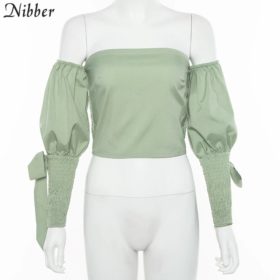 Nibber2019осенняя Мода с открытыми плечами укороченные топы женские футболки с вырезом лодочкой элегантные вечерние Топы повседневные футболки с длинным рукавом femme