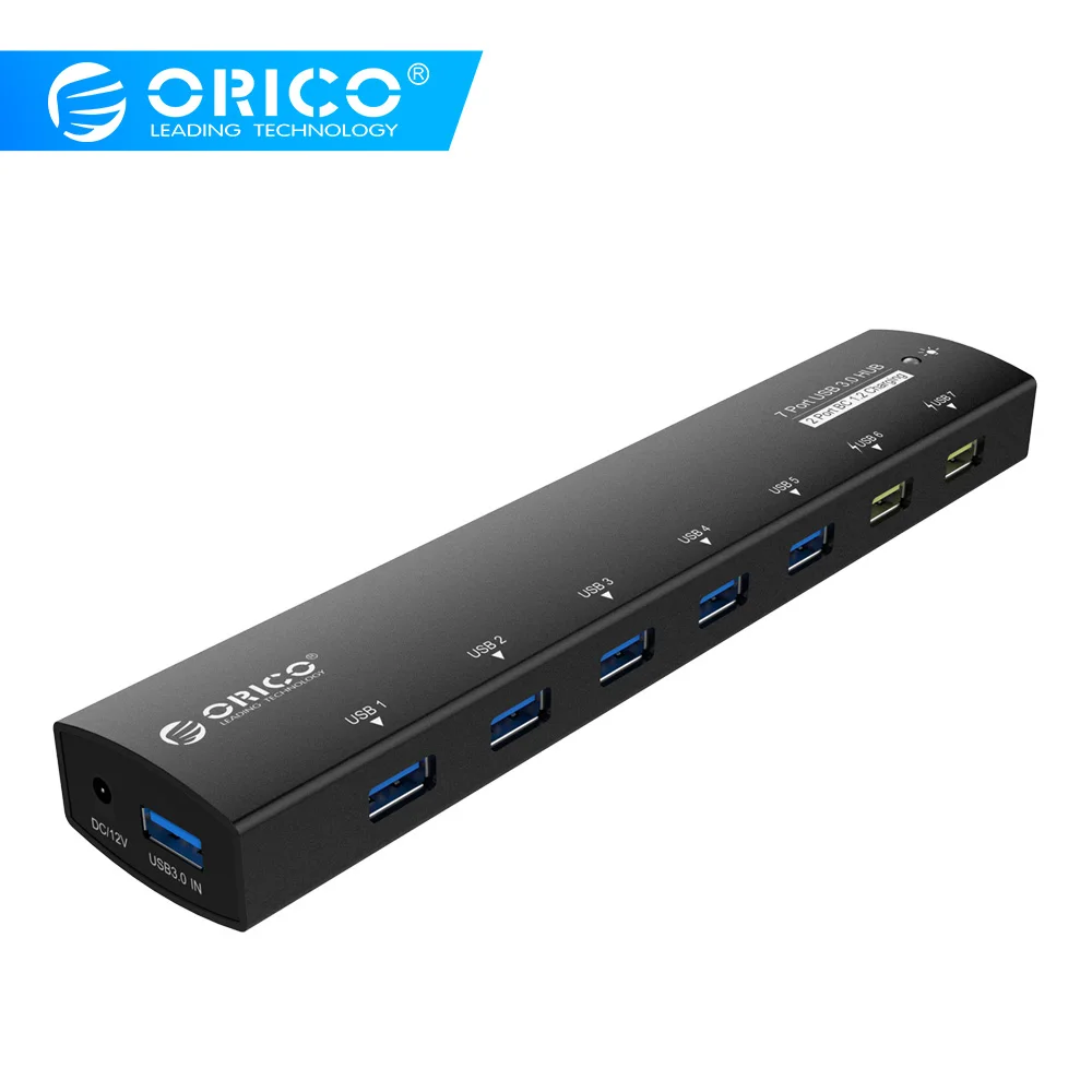 ORICO AS7C2 Алюминиевый USB 3,0 концентратор с адаптер для сплитера питания 7 порт с 2 интерфейсом BC1.2-черный