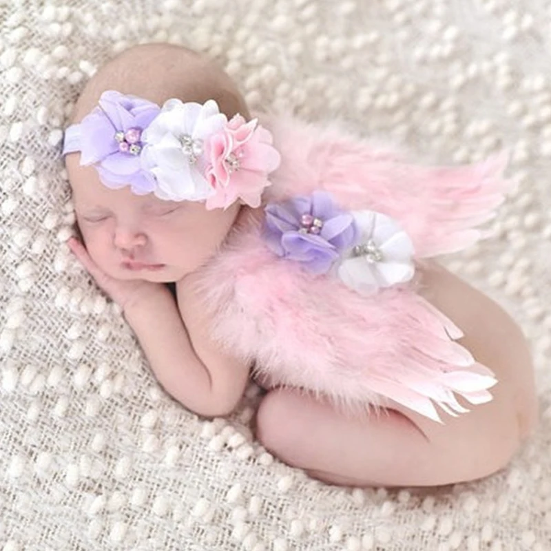 

Girls Baby Newborn Photography Props Infant White Angel Feather Wings Wing Set Costume + Headbands Kids Outfit Photo Props D35