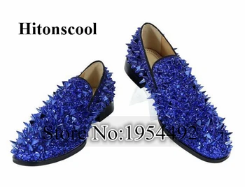 

Fashion Gold Spiked Loafers Shoes Men Round Toe Bling Sequins Banque Wedding Shoes Male Slip On Rivets Men Shoes Leather