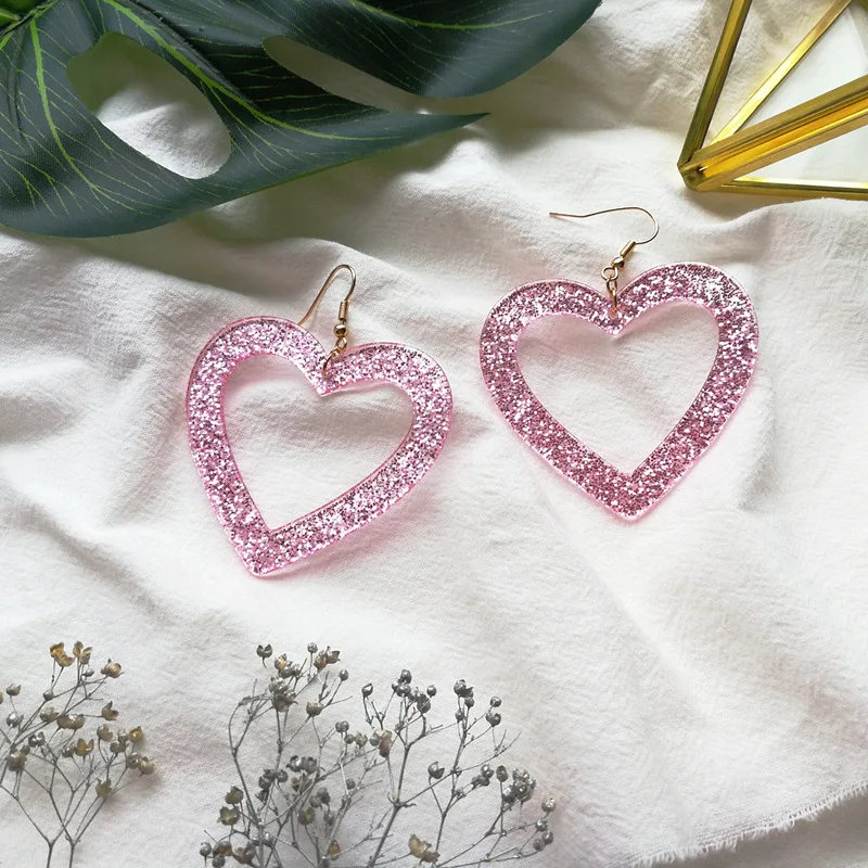 Розовые большие геометрические круглые блестящие ацетатные акриловые Висячие серьги для женщин, подарок для девушек, Япония, Корея, милые висячие серьги в форме сердца