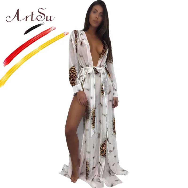 

ArtSu Deep V-Neck Sexy Chiffon Summer Dress Leopard Print Bohemia Bandage Dresses 2018 Women See Through Beach Wear Dress Robe
