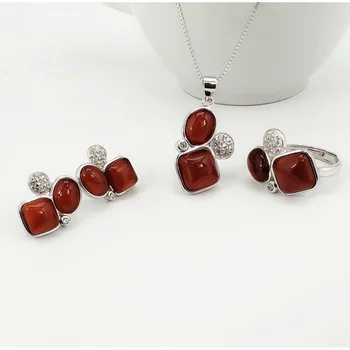 

Real Pure s925 Silver Jewelry Set Cute Geometric Design For Women With Natural Red Green Agate Stone Accessories