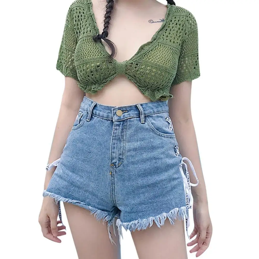 

Women Fashion Summer Bandage Denim Shorts Tassel Wide-leg 2019 High Waist short Jeans Black Streetwear Hot Sale AD