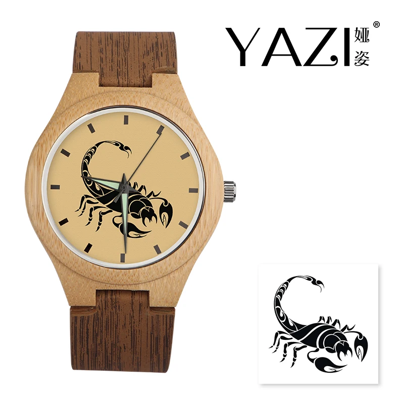 

YAZI Unique Wooden Watch Scorpion Lucky Logo Quartz Watch Natural Bamboo Wood Case Wrist Watch Wood Stripe Band Gift For Friend