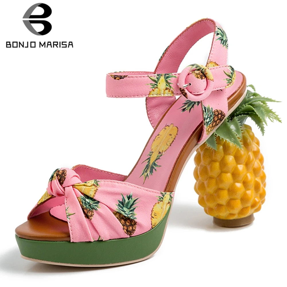 

BONJOMARISA New Fashion Fruit Print Fruit High Heels Sandals Woman Summer Women Platform Shoes Woman Size 34-40