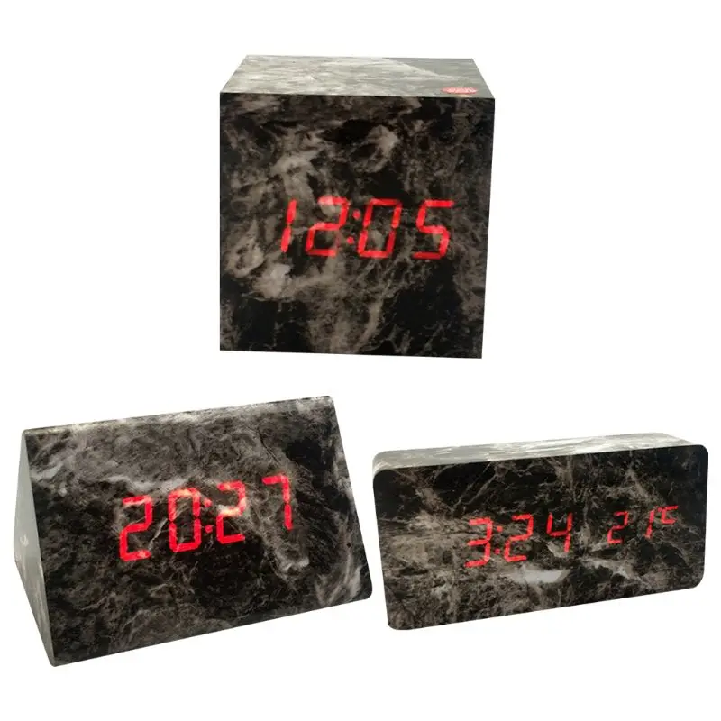 

LED Digital Display Alarm Clock Black Marble Timer Voice Control Dual Power Supply