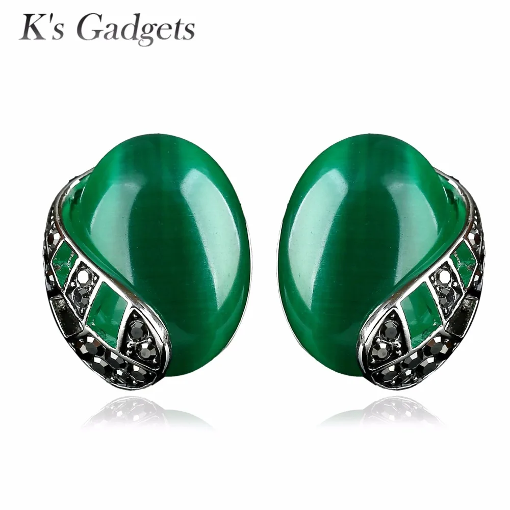 

K's Gadgets Retro Style green stone silver color earrings Natural stone earring Green opal stone Rhinestone Jewelry for women