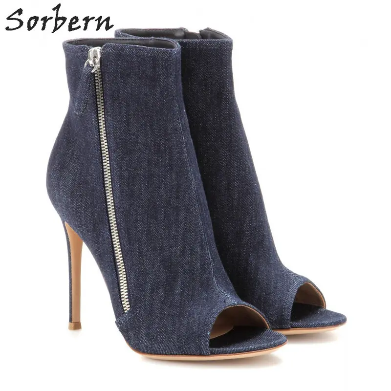 

Sorbern Blue Denim Short Boots Women Ankle High Peep Toe Side Zipper Thin High Heels Custom Service Big Size 33-46 Ankle Boots