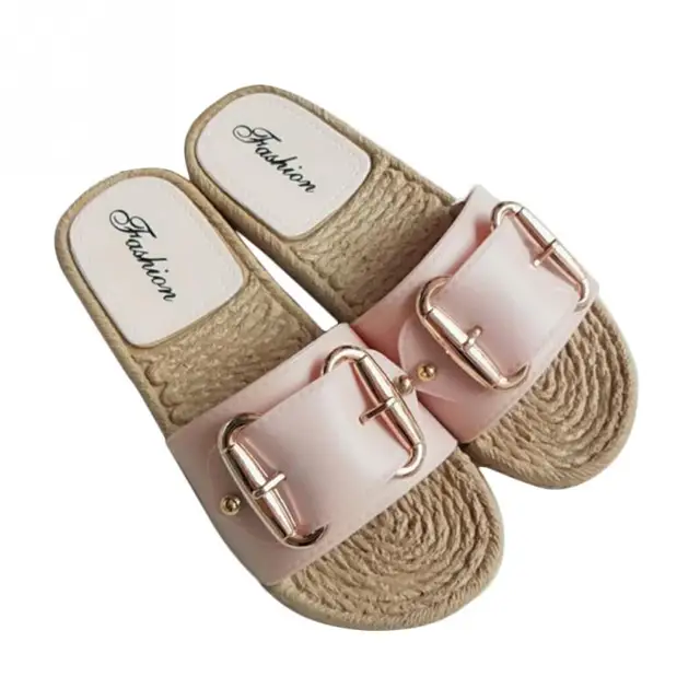 Women Summer Buckle Belt Flat Slippers Fashion Home Beach Hemp Rope