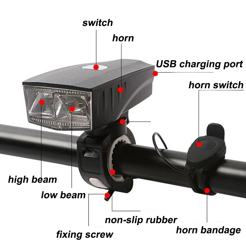 Flash Deal USB Rechargeable Waterproof Bicycle Light with Adjustable High Bean & Low beam Light Cycling Horn Light 120db 2