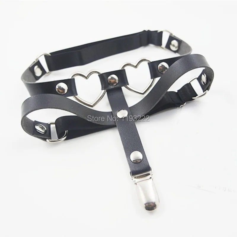 Sweet Kawaii Handmade Double Row Double Heart Shaped Leather Garter Belt  Thigh Loop Harness