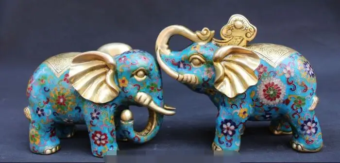 

S01454 10" Royal Chinese Bronze Gild Cloisonne Enamel Wealth Folk Elephant Statue Pair B0403