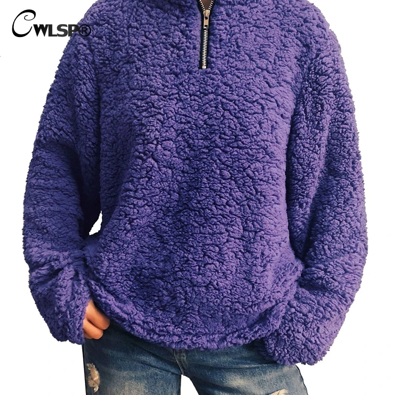 CWLSP 2018 Autumn Winter Plush Zipper Women Loose Sweatshirt Casual Warm Tops 6 Color Plus Size Pullovers Pull Femme QZ3120